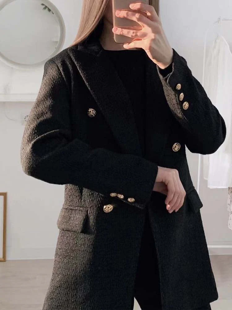 Hulianfu Blazer Women Traf Fashion Metal Double Breasted Woollen Blazers Coat Vintage Long Sleeve Female Outerwear Chic Tops - Deanwangkt