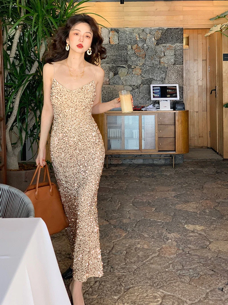 Hulianfu Maxi Long Sequin Dress Sexy Red Glitter Bodycon Wedding Guest Birthday Party Dresses Elegant Occasion Dress for Women - Deanwangkt