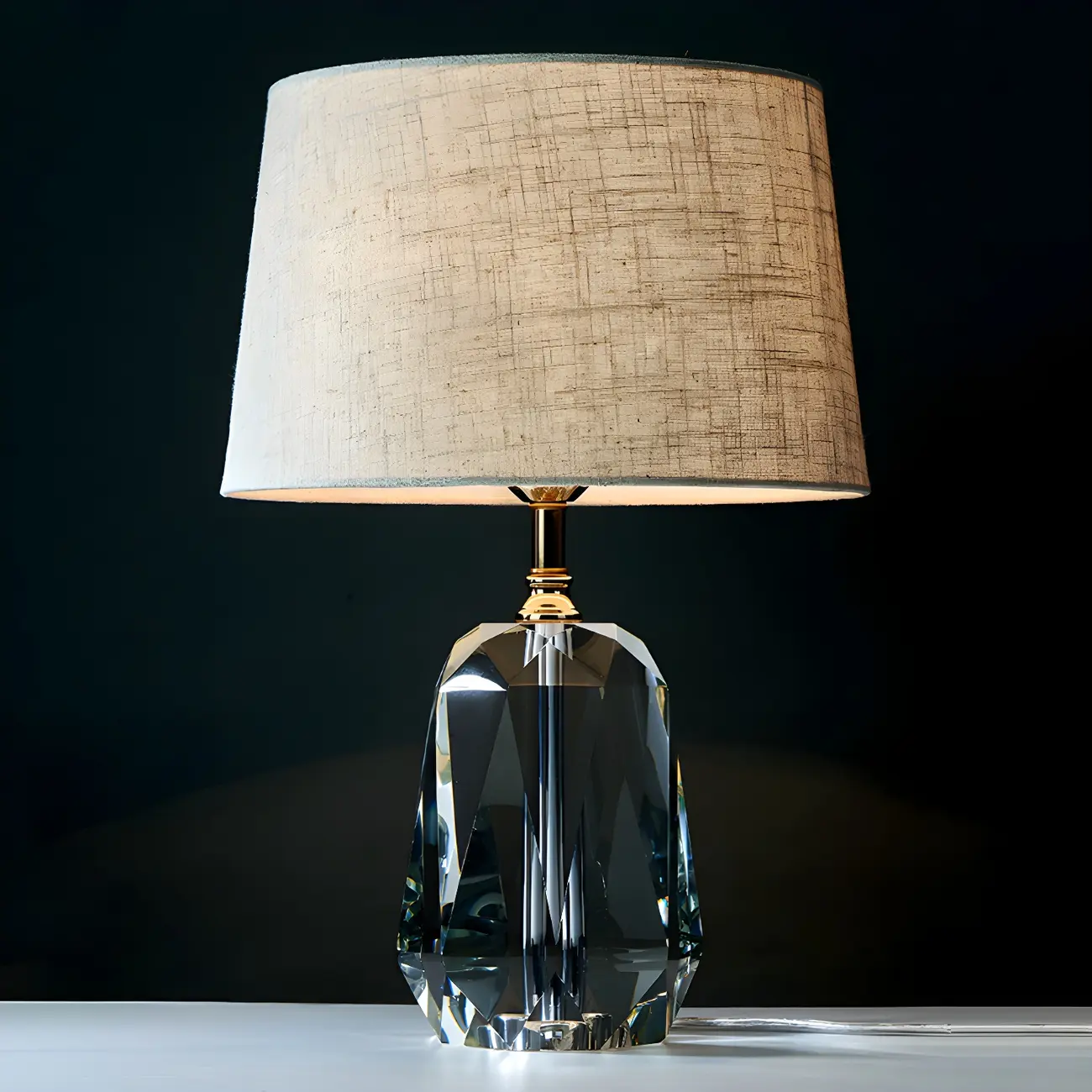 Elegant Cylindrical Crystal Base Table Lamp with Linen Shade