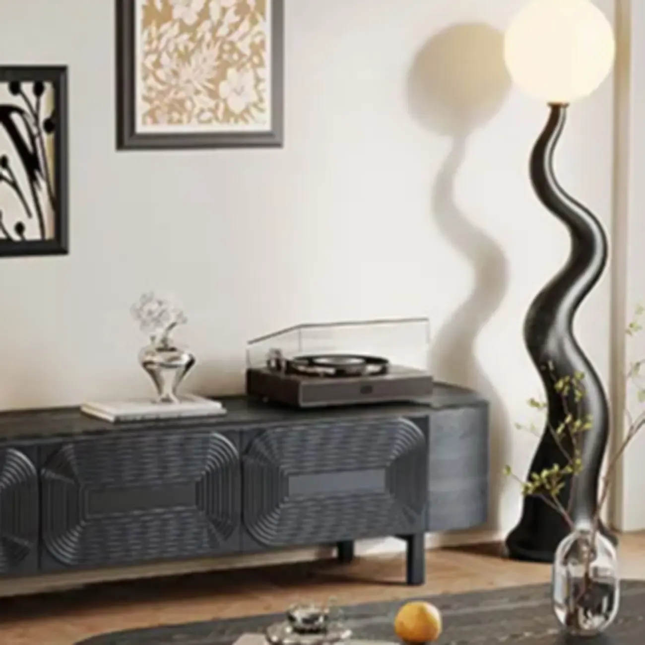 Mid Century Modern Black Wood TV Stand with Drawers