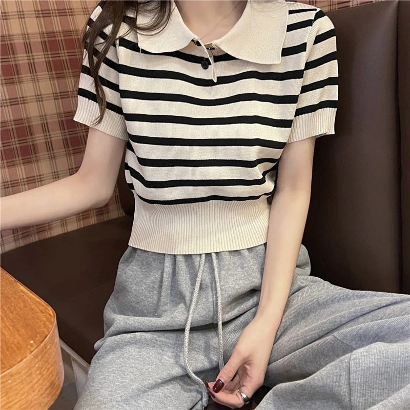 Hulianfu Summer Vintage Striped Polo Collar T Shirts Women's Knitted Short Sleeve Thin Cropped Tshirt Crop Top For Slim Girls - Deanwangkt
