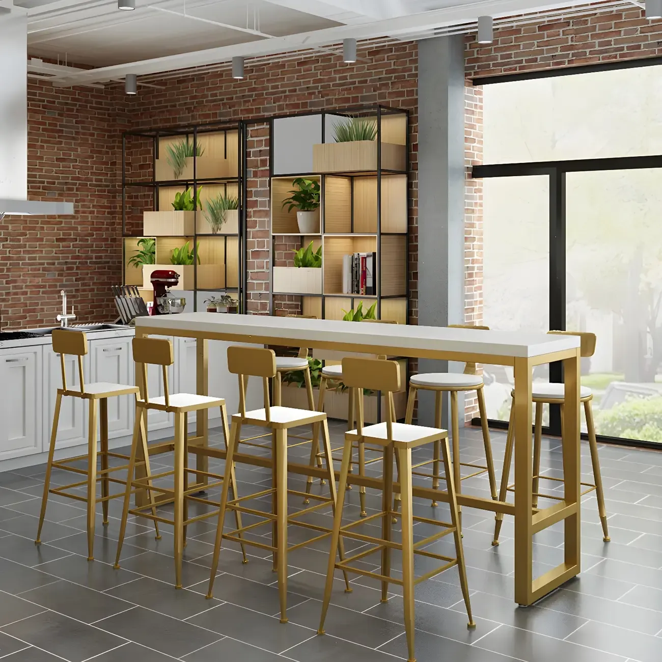 Stylish White Wood Gold Trestle Bar Table for Modern Kitchens