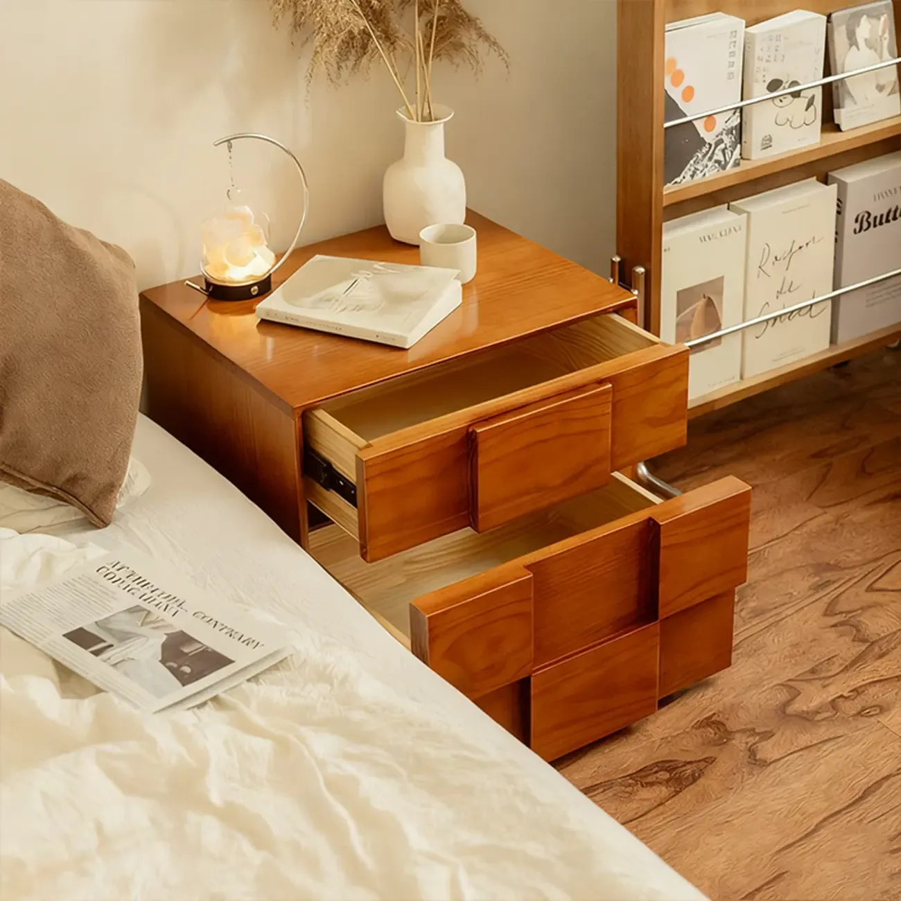Mid-Century Modern Wood Nightstand with 2 Drawers