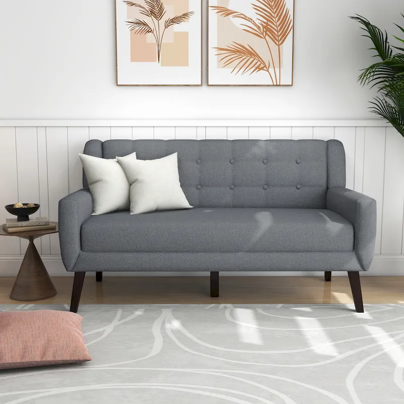 Tufted Linen/Cotton 2-Seater Sofa with Pillows