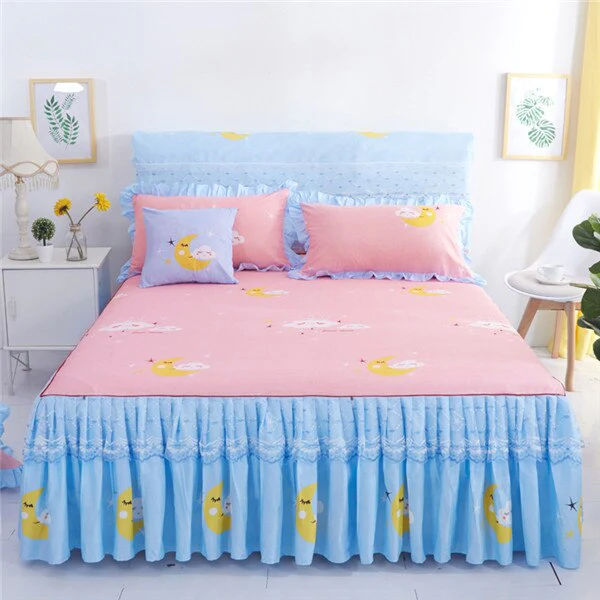 HULIANFU  3pcs set Elegant floral bed skirt skin-friendly cotton lace bedding home decor bedspreads queen pink king size bed cover - Deanwangkt