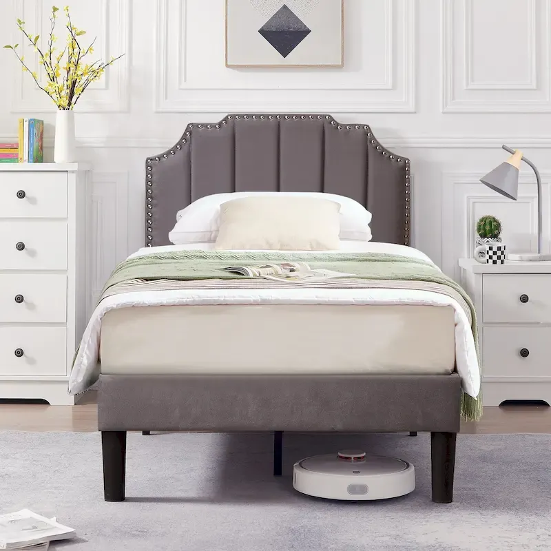 Javlergo Upholstered Platform Bed Frame with Nailhead Trimmed Adjustable Height Headboard, No Box Spring Needed