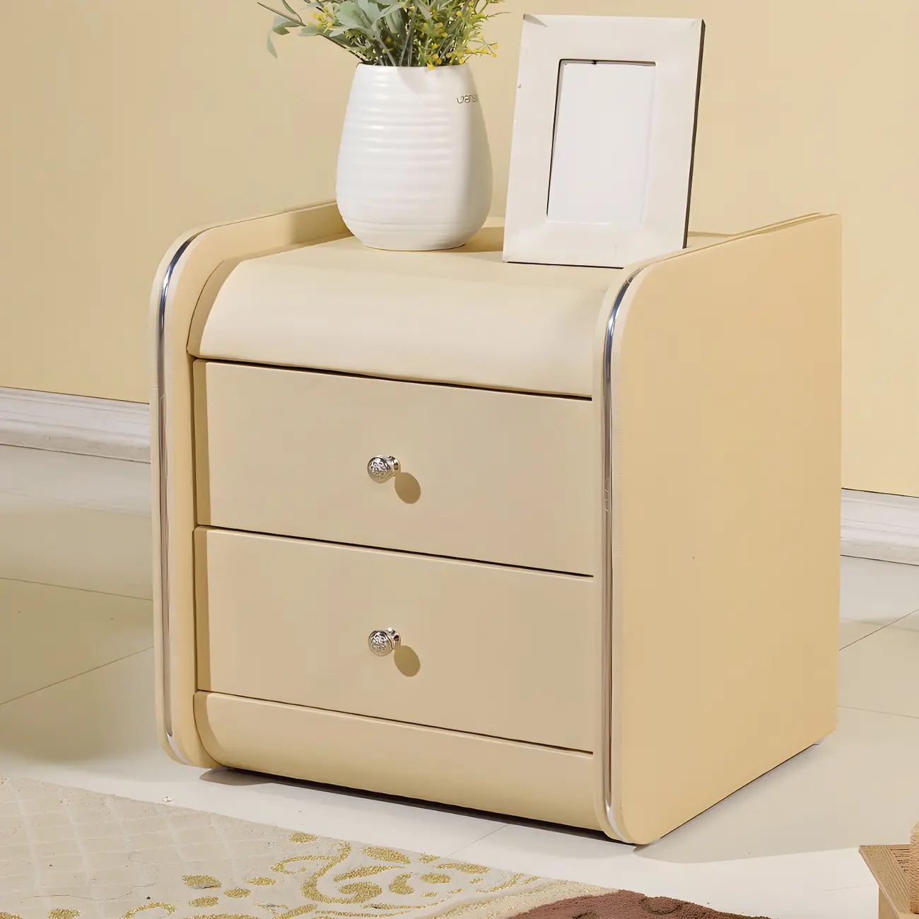 Stylish Narrow Faux Leather Bedside Table with 2 Drawers