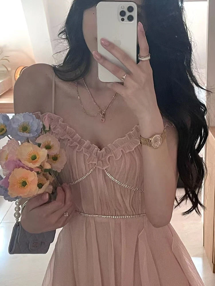 Hulianfu Harajuku French Korean Sweet V-Neck Camisole Sleeveless Sexy Strap Midi Maxi Dresses for Women Elegant Fairy Party Summer Pink - Deanwangkt