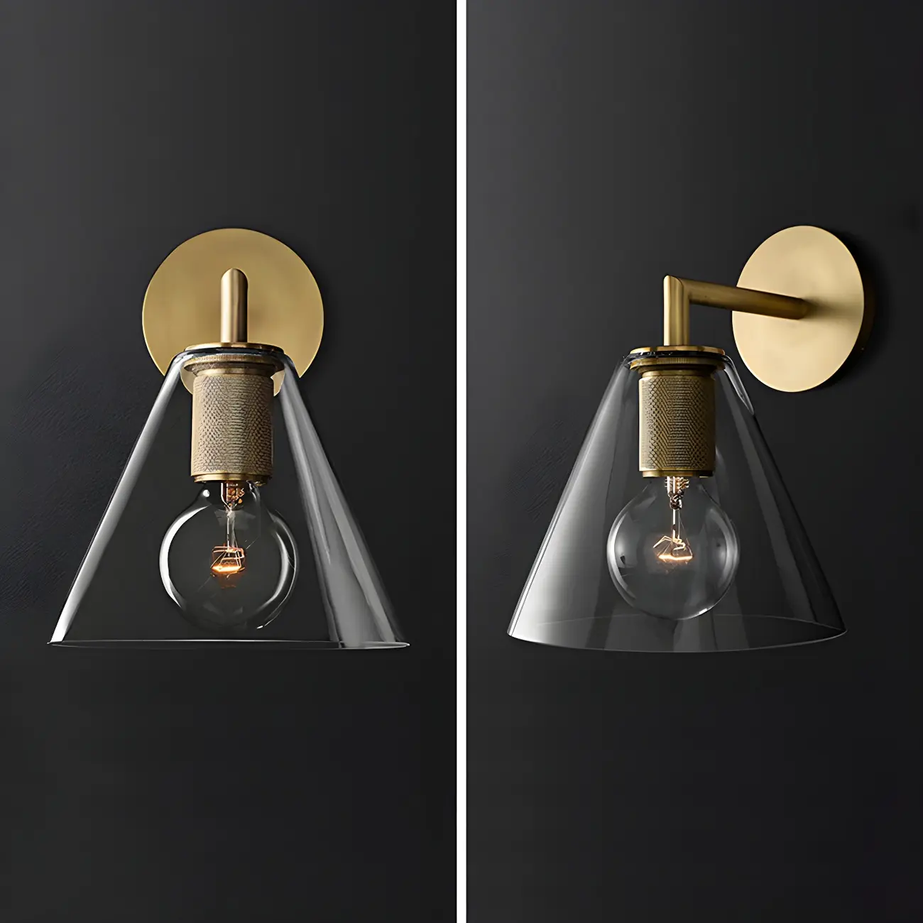 Industrial Cone Glass Wall Sconce with Brass/Black Finish