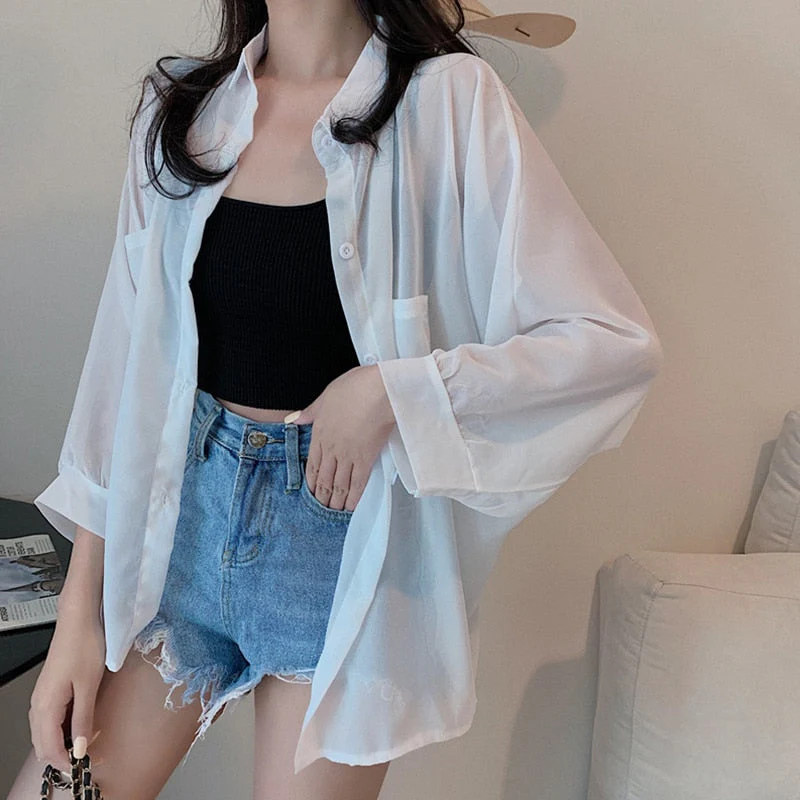 Hulianfu Shirts Women Sun Protection Loose All-match Summer Korean Style Casual Solid Tops Fashion Simple Chic Outerwear Thin Baggy Soft - Deanwangkt