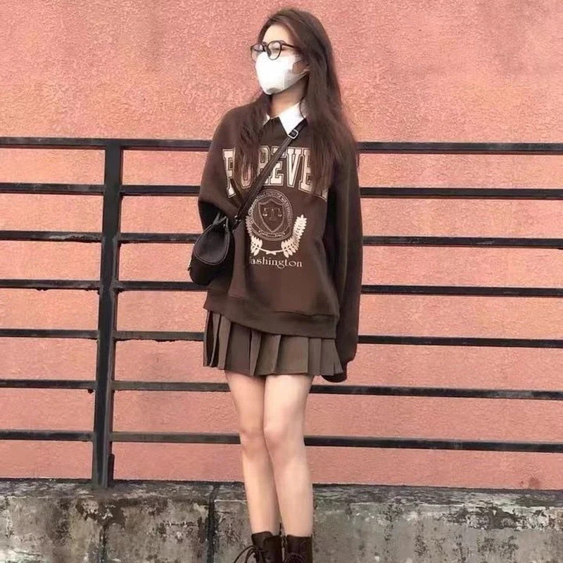 hulianfu Y2K Vintage Brown Sweatshirts Women Streetwear Egirl Aesthetic Letter Oversize Hoodies Harajuku Korean Style Female - Deanwangkt