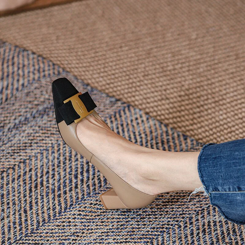 New Temperament Elegant Fashion High-heeled Shoes Women's Shoes Spring Bow Mid-heel Leather All-match Thick-heeled Shoes - Deanwangkt