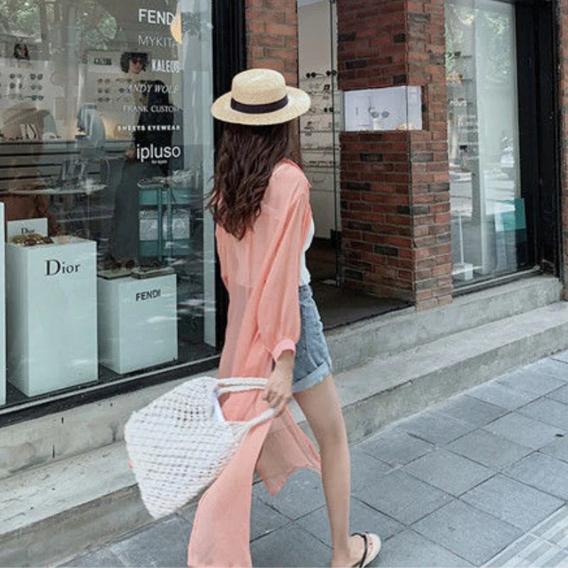 Hulianfu Women Blouse Sun Protection Fashion Long Lantern Sleeve Outerwear Sheer All-match Thin Beach Street Comfort Korean Style Leisure - Deanwangkt