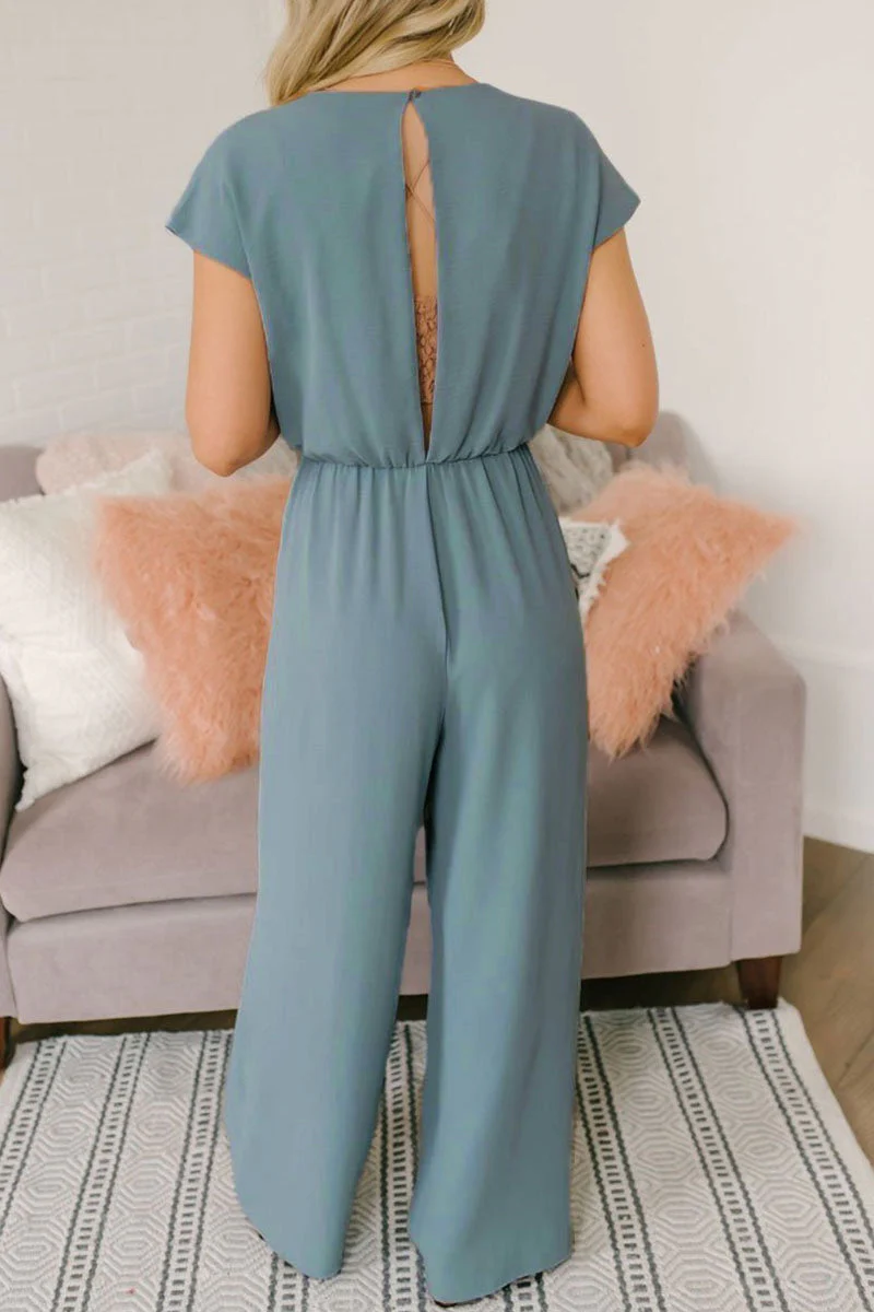 hulianfu Fashion Street Solid Backless V Neck Loose Jumpsuits - Deanwangkt
