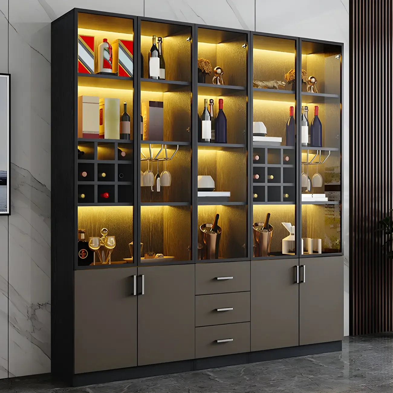 Large Black Wood Glass Doors Wine Storage Display Cabinet