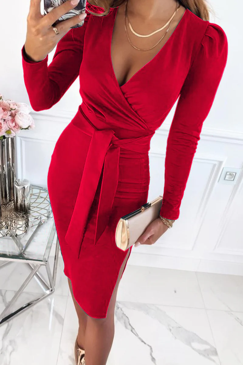 hulianfu Fashion Elegant Solid Slit With Belt V Neck Wrapped Skirt Dresses(5 Colors) - Deanwangkt