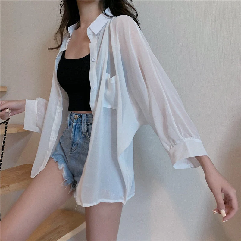 Hulianfu Shirts Women Sun Protection Loose All-match Summer Korean Style Casual Solid Tops Fashion Simple Chic Outerwear Thin Baggy Soft - Deanwangkt
