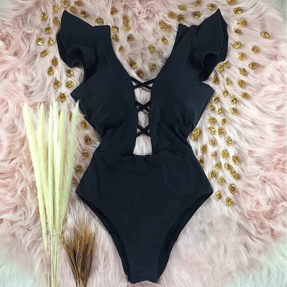 New Sexy Ruffle Print Floral One Piece Swimsuit Off The Shoulder Swimwear Women Solid Deep-V Beachwear Bathing Suit Monkini - Deanwangkt