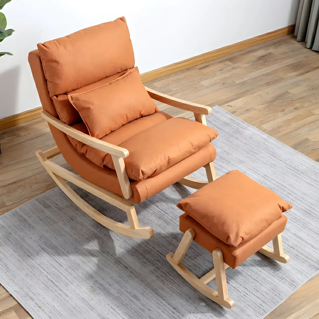 Upholstered Wooden Rocking Chair with Ottoman for Indoor