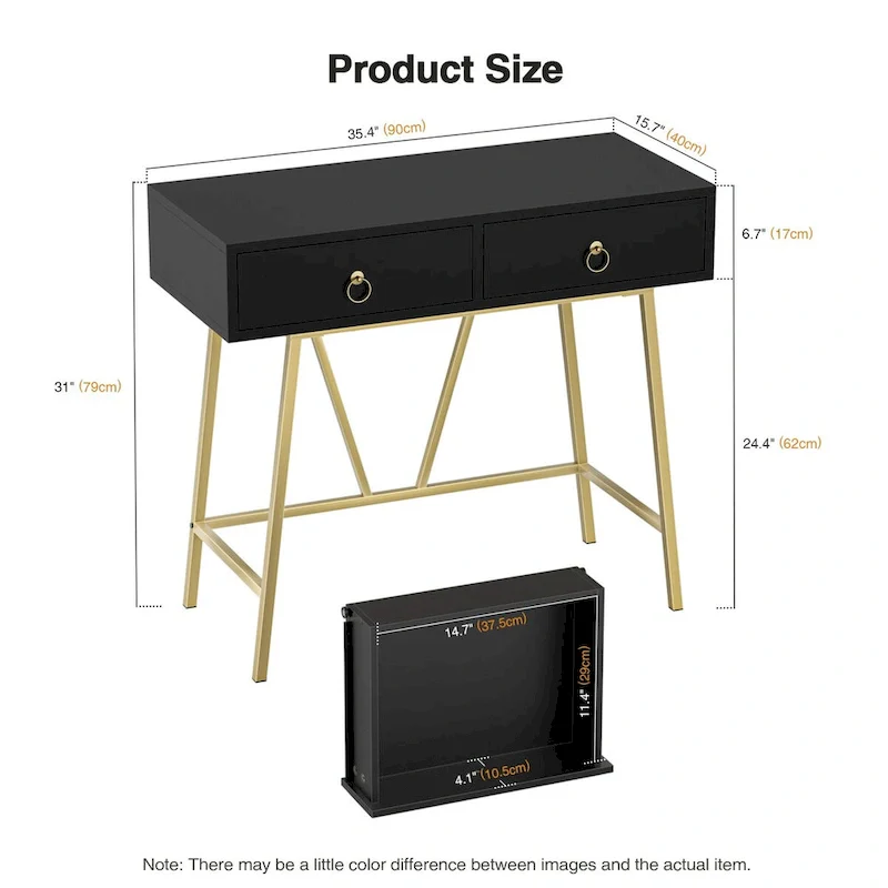 Anmytek Modern Home Office Desk 35.4 Makeup Vanity Table White 2 Drawers Writing Computer Desk with Golden Legs