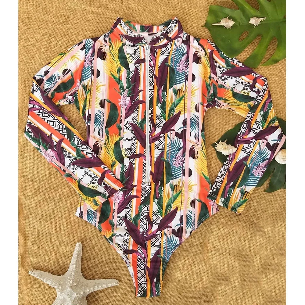 Long Sleeve Print Floral New One Piece Swimsuit Swimwear Women Bathing Suit Backless Swimsuit Vintage Surfing Swim Suit - Deanwangkt