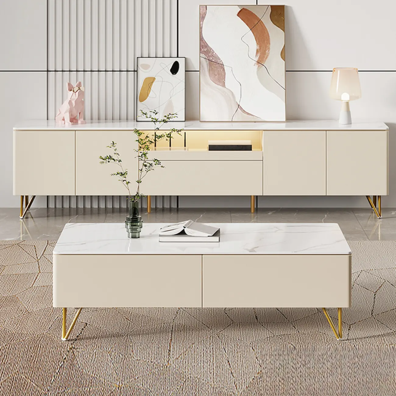 Modern Stone TV Stand with Soft Close Drawers