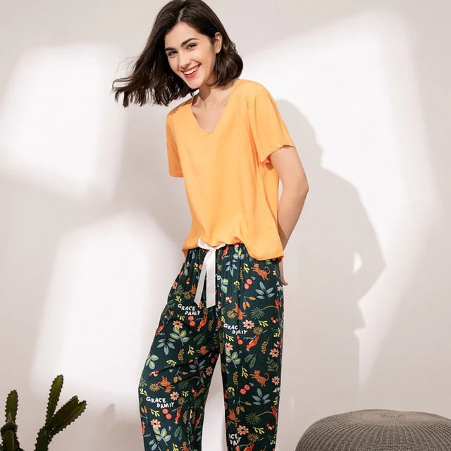 Breathable 2PCS Pajama Short Sleeve Printed Pijama Mujer Femme Loose Nightwear Suit Female Casual Homewear Pajama Set For Women - Deanwangkt
