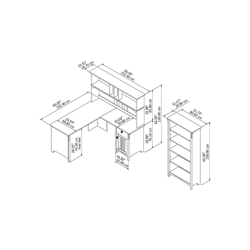 Salinas 60W L Shaped Desk with Hutch and Bookcase in Cape Cod Gray