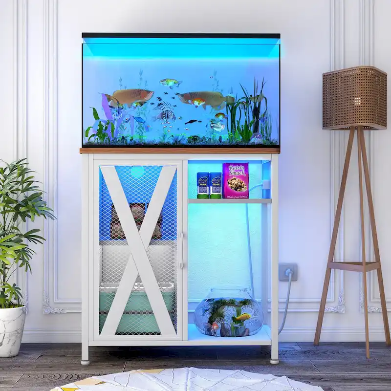 Moasis Aquarium Stand with Power Outlets and 7 Color RGB Light,Fish Tank Stand with Storage Cabinet