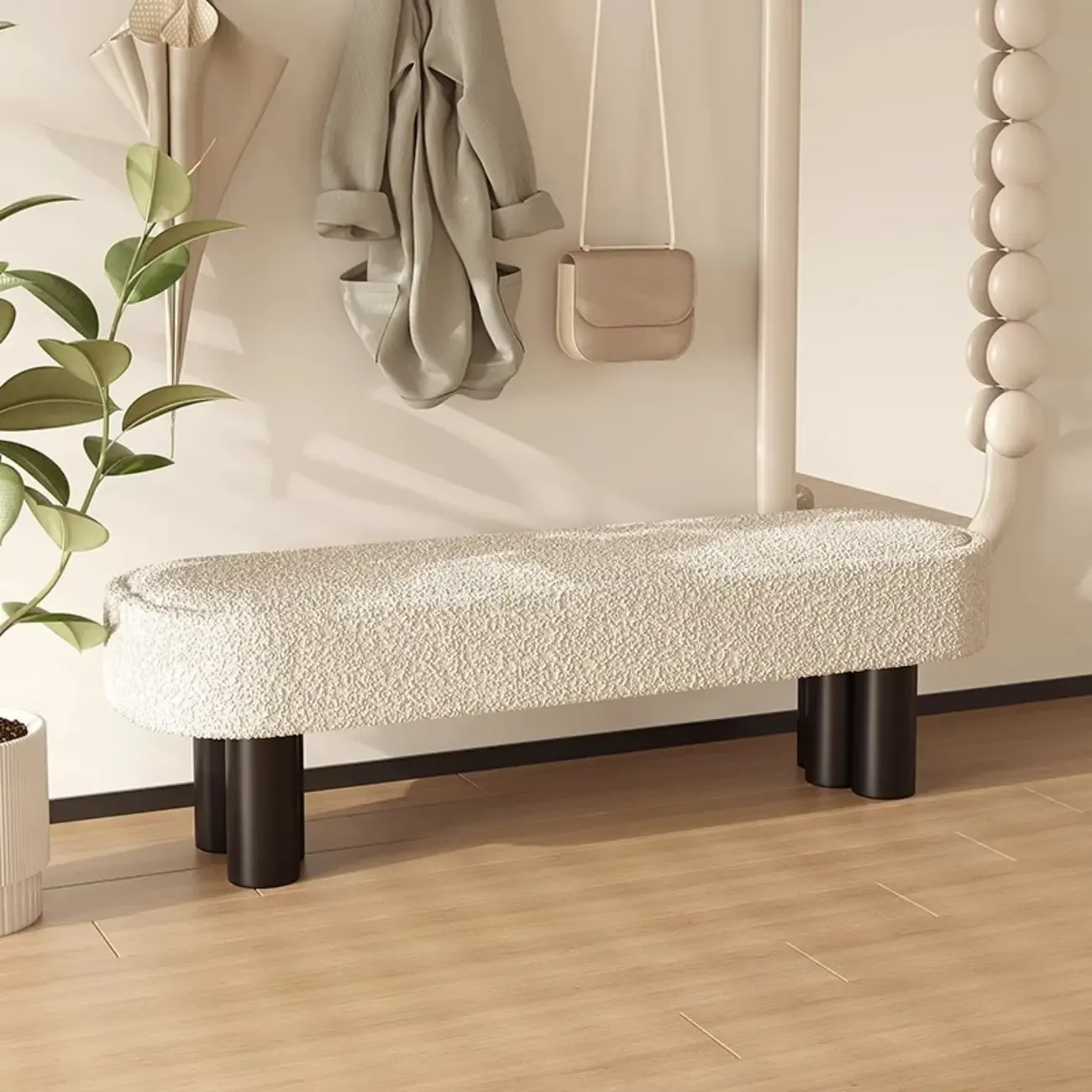 Modern Beige Upholstered Bedroom Bench Metal Frame