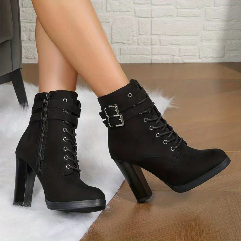 Stylish Women's Block Heel Pumps - Trendy Lace-Up, Side Zipper, Buckle Strap Details, Comfortable Walking Shoes for Formal Occasions - Deanwangkt