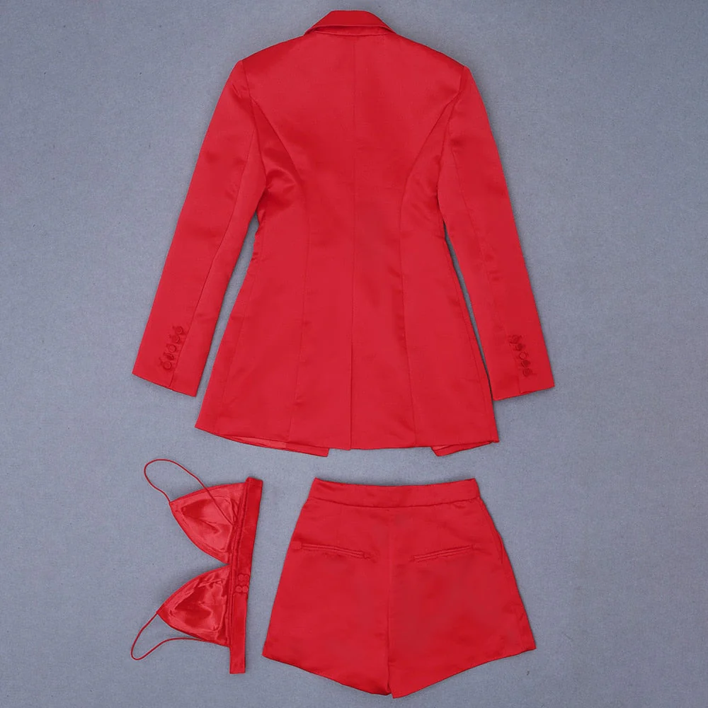 High Quality Red Satin Three Pieces Bandage Suit Sexy Long Sleeves Celebrity Fashion Party Club Blazer Coat Crop Tops Short Set - Deanwangkt