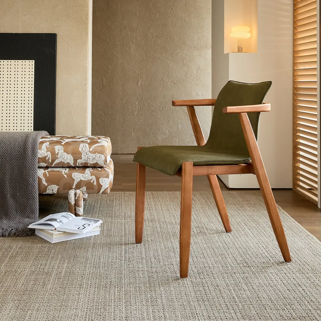 Oak wood Faux Leather Mid-Century Arm Chair