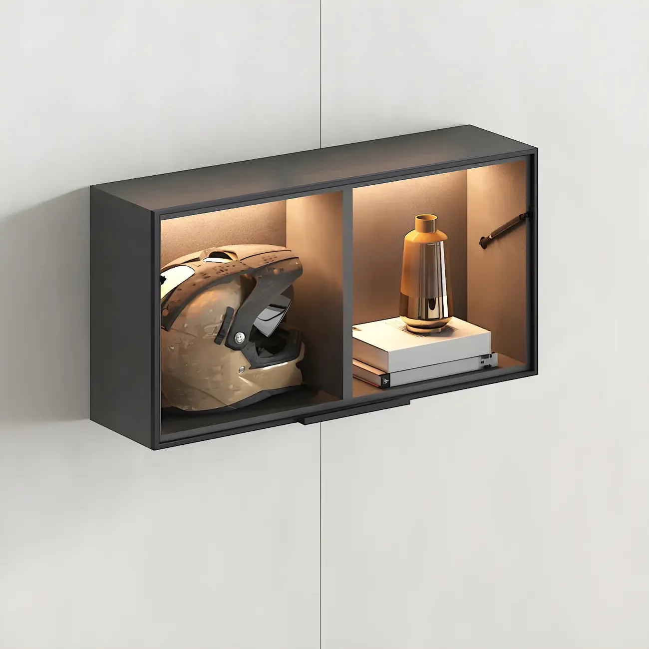 Black Wall Mount Wood 2-Cube Display Cabinet with Light