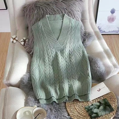 Autumn Women's Sweater Vest V-neck Sleeveless Irregular Casual Loose Knitted Pullover Tops Female Outerwear - Deanwangkt