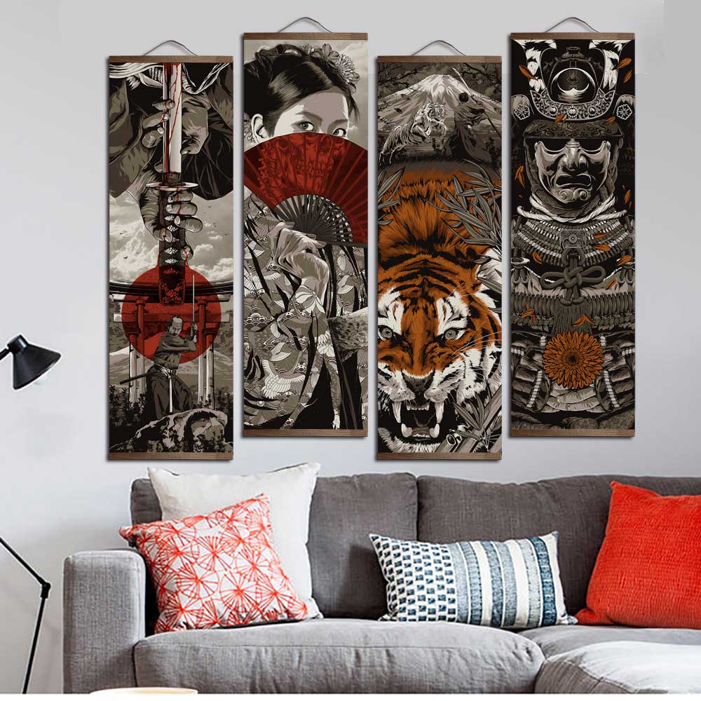 HULIANFU Japanese Samurai Ukiyoe Tiger Canvas Poster Pictures for Living Room Home Decor Painting Wall Art with Solid Wood Hanging Scroll - Deanwangkt