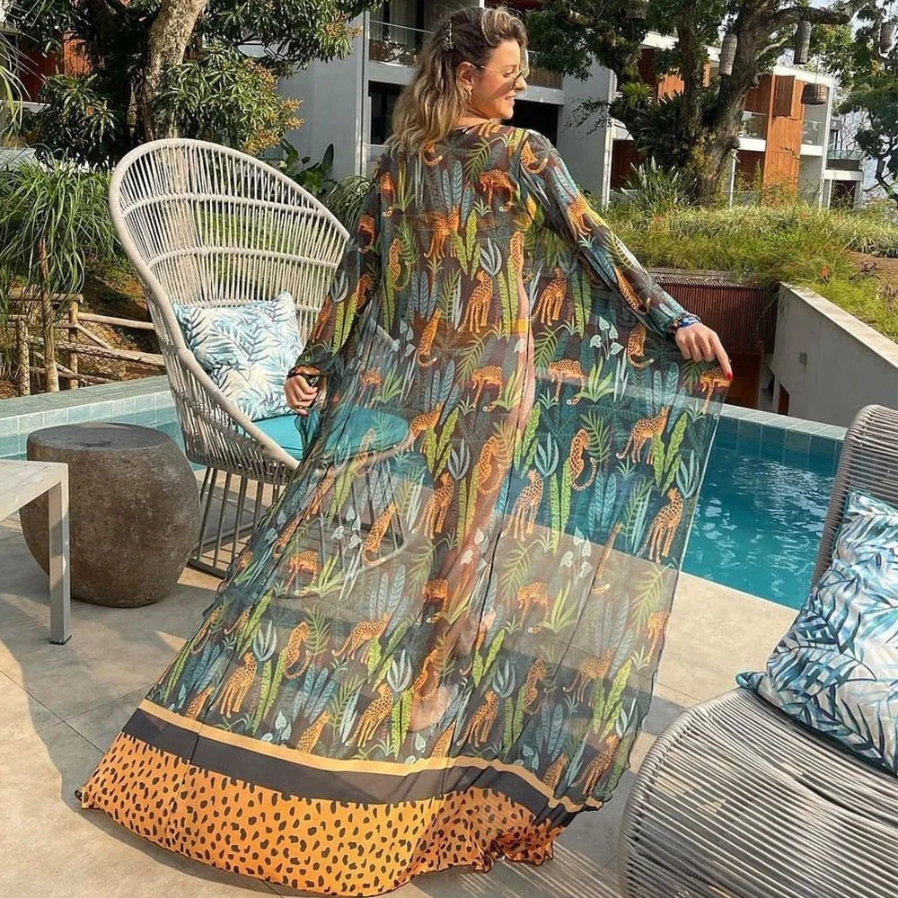 Leaves Print Bikini Beach Cover up Tunics for Beach Long Kaftan Bikini Cover up Robe de Plage Sarong Beach Swimsuit cover-ups - Deanwangkt