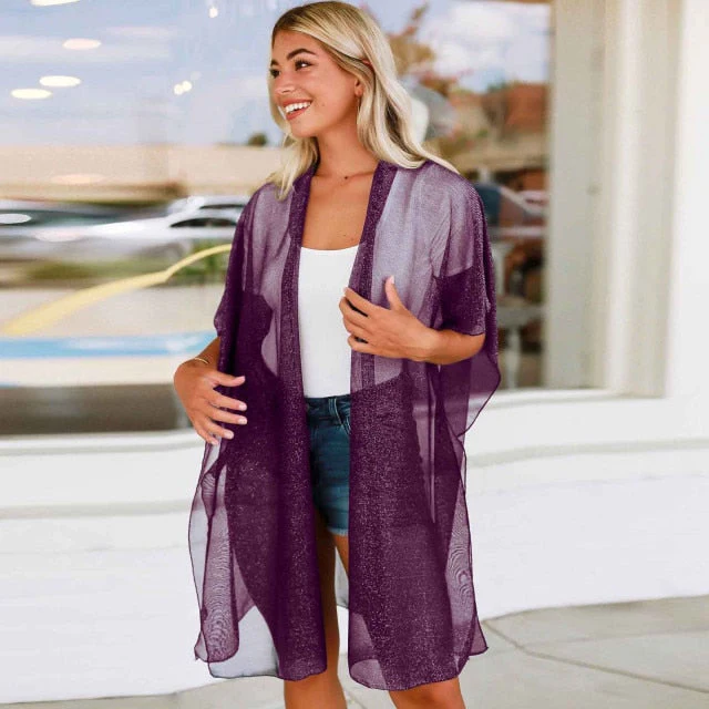 Casual Leaves Print Chiffon Kaftan Beach Cover Up Cardigan Shawl Swimwear Women Summer Swimsuit Pareos Cape Saida De Praia - Deanwangkt