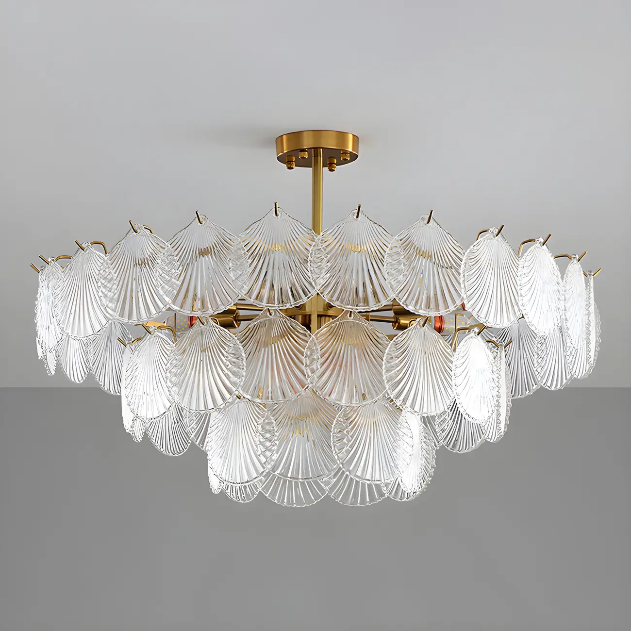Adjustable Elegant Gold Unique Layered Scallop Glass Chandelier