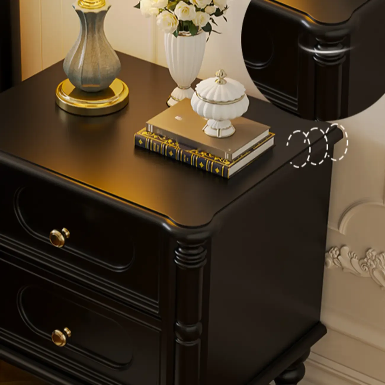 Traditional Black Wood 2 Tiers Drawer Nightstand