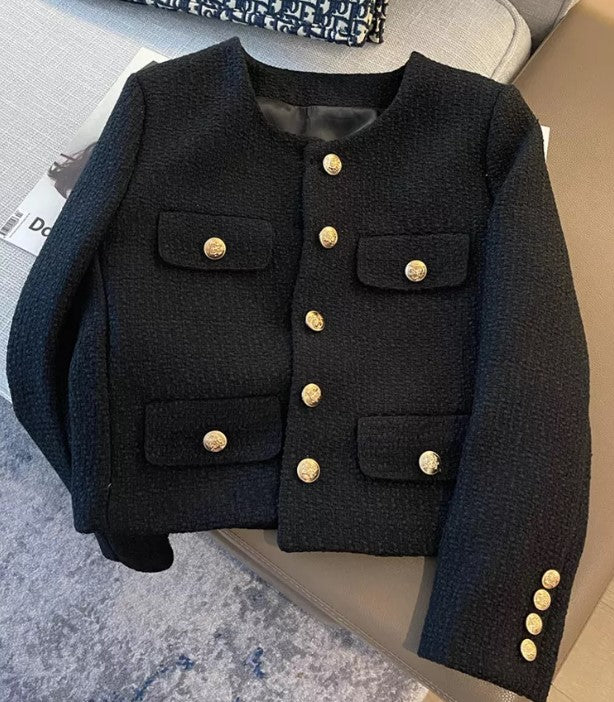 Hulianfu Small Fragrance Women Black Tweed Outerwear Autumn Winter Golden Button Blends Wool Female Long Sleeve Jacket Coat - Deanwangkt