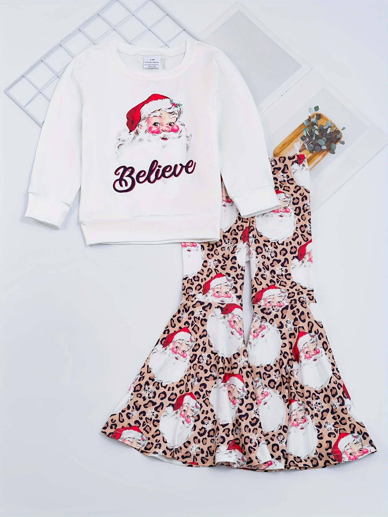 Girls' 2-piece Sets, BELIEVE And Santa Claus Print Pullover + Leopard Print Flare Pants, Autumn outdoor Clothes Christmas - Deanwangkt