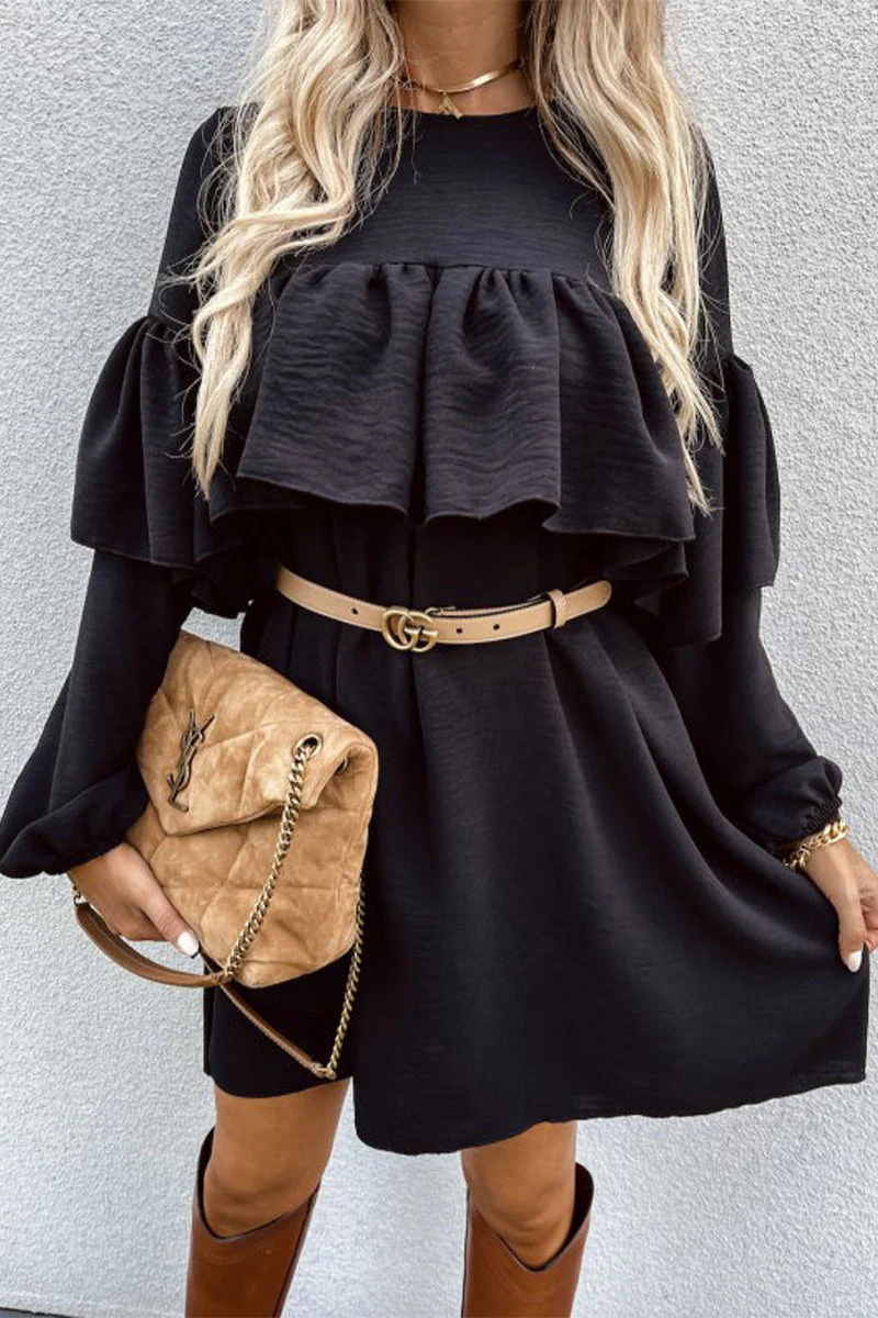 hulianfu Work Solid Fold O Neck Pleated Dresses(3 Colors) - Deanwangkt