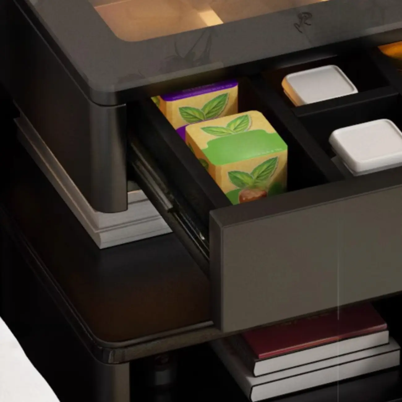 Modern Black Glass Top Drawer USB Nightstand with Cabinet