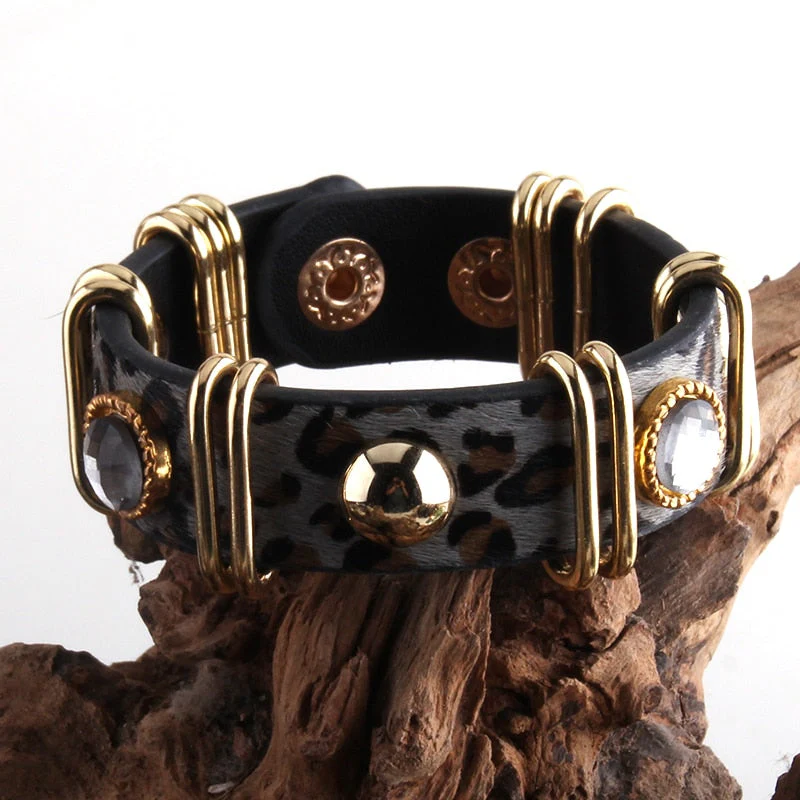 HULIANFU RH Fashion Boho Leather Armbander Goldcolor Metal Rectangle Real Leopard Horsetail Leather Bracelets For Women Gift DropShip - Deanwangkt