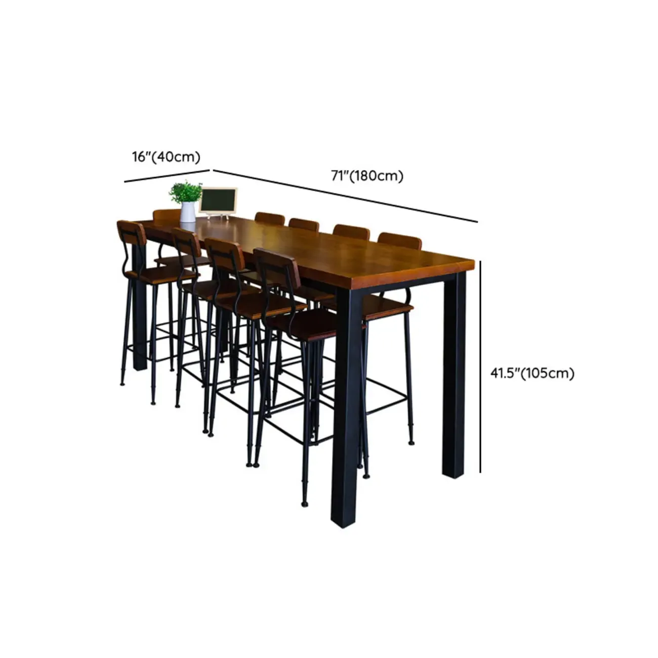 Industrial Brown Wood Black Iron 4-Leg Rectangular Bar Tables