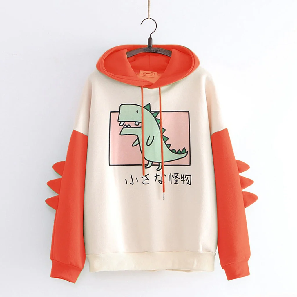 Winter dino hoodie Tops Dinosaur Oversized Cartoon Hoodie Women Fashion Sweatshirt Casual Print Korean Style Thicken Sweatshirt - Deanwangkt