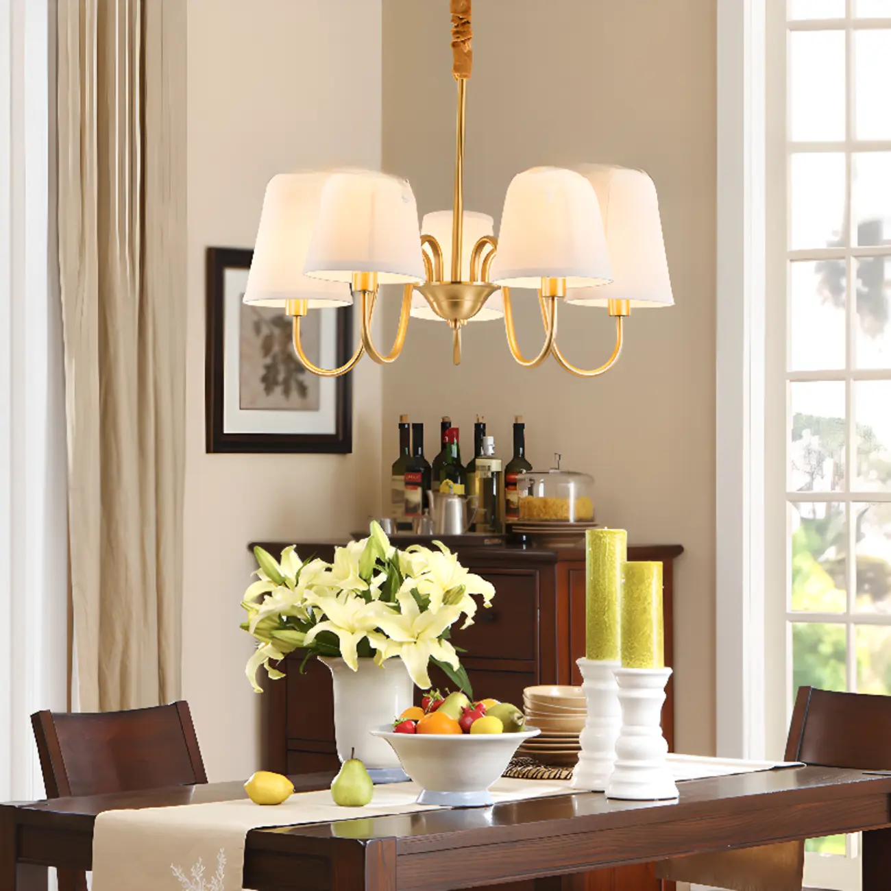 Modern Brass Hanging Chandelier with Fabric Shade