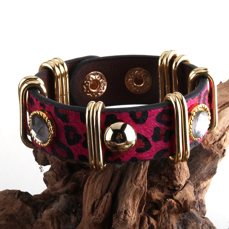 HULIANFU RH Fashion Boho Leather Armbander Goldcolor Metal Rectangle Real Leopard Horsetail Leather Bracelets For Women Gift DropShip - Deanwangkt