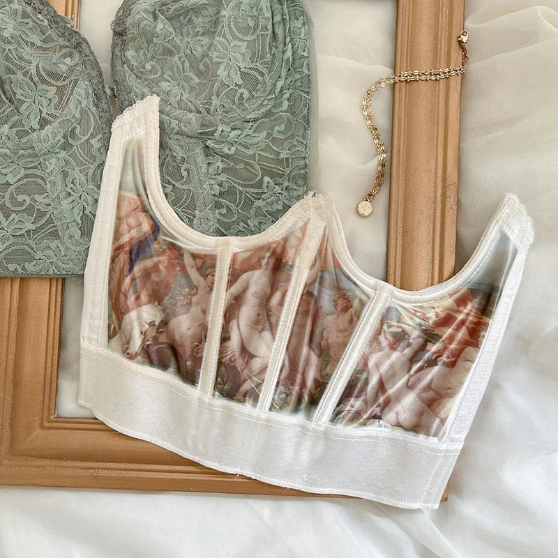 Townlike Summer  Waist Oil Painting Waist Seal Corset Slim Sexy Crop Top Women Short Bandage Corset Top With Fishbone - Deanwangkt